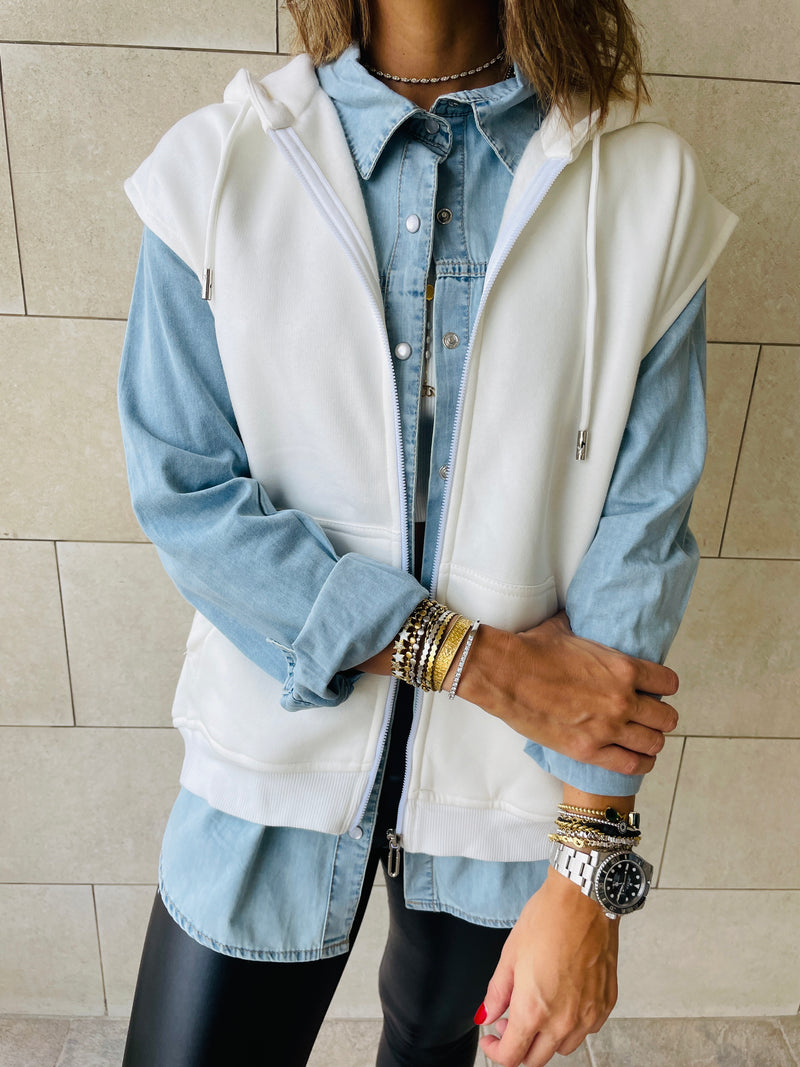 White Sleeveless Zip Up Hoodie