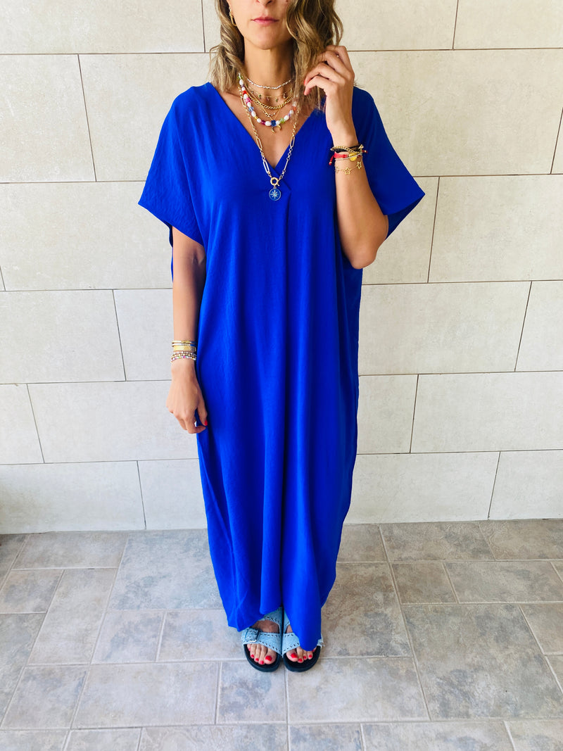 Blue V Side Slit Dress