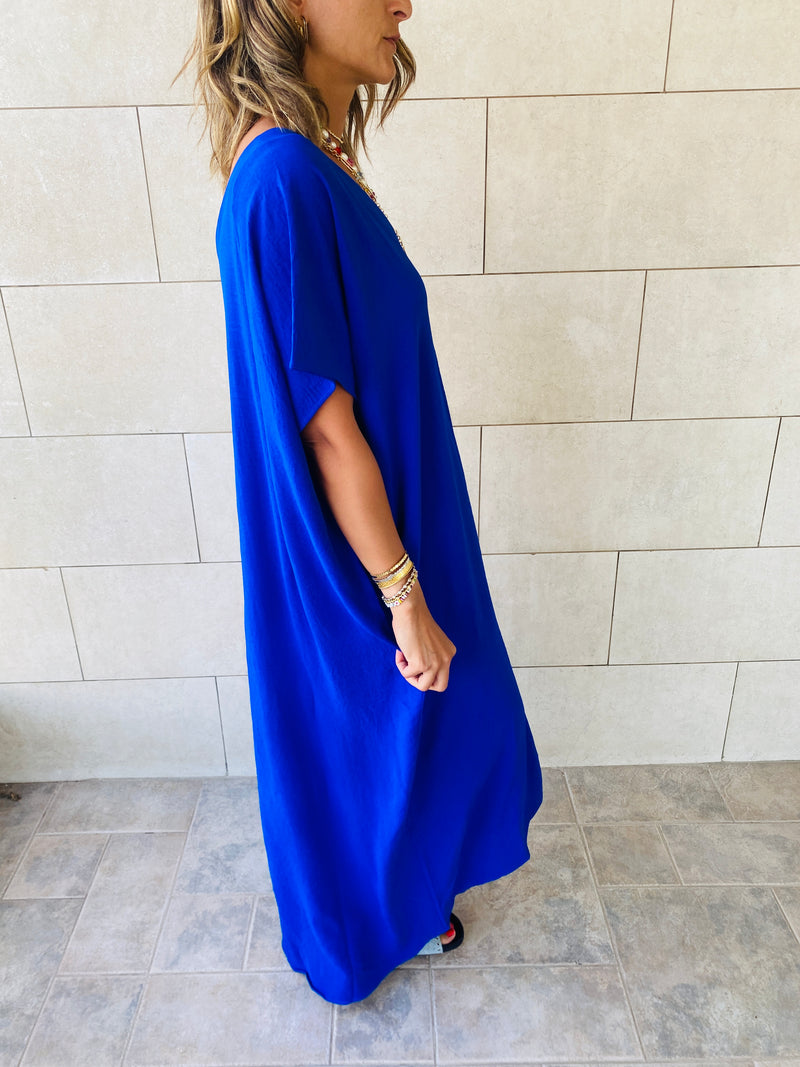 Blue V Side Slit Dress