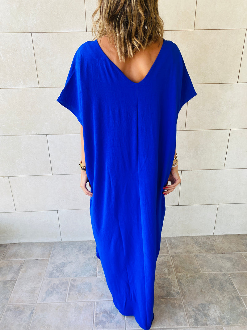 Blue V Side Slit Dress
