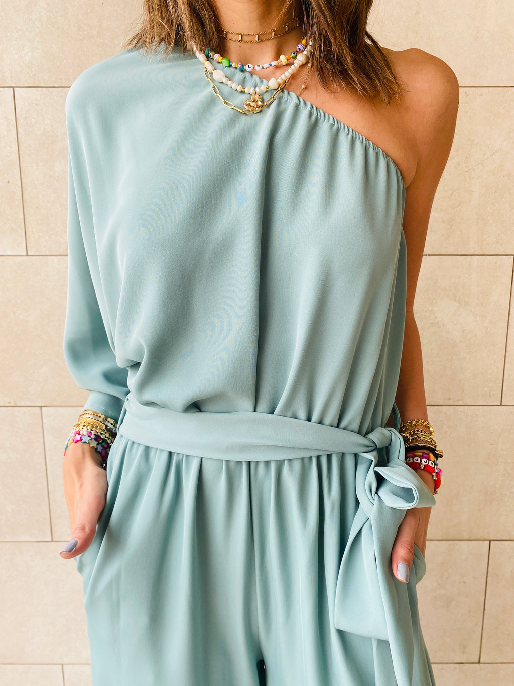 Mint One Shoulder Jumpsuit