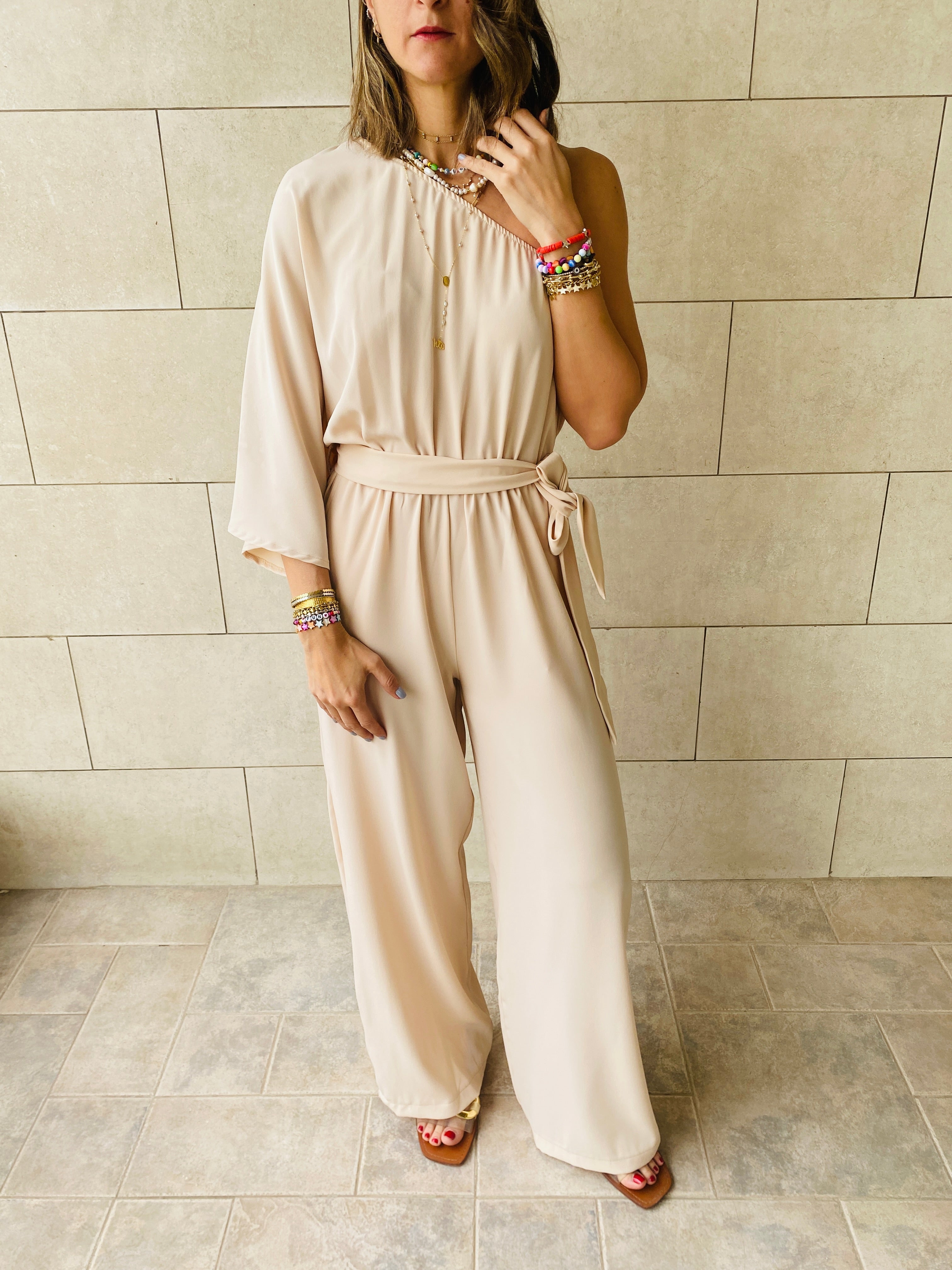 Beige One Shoulder Jumpsuit