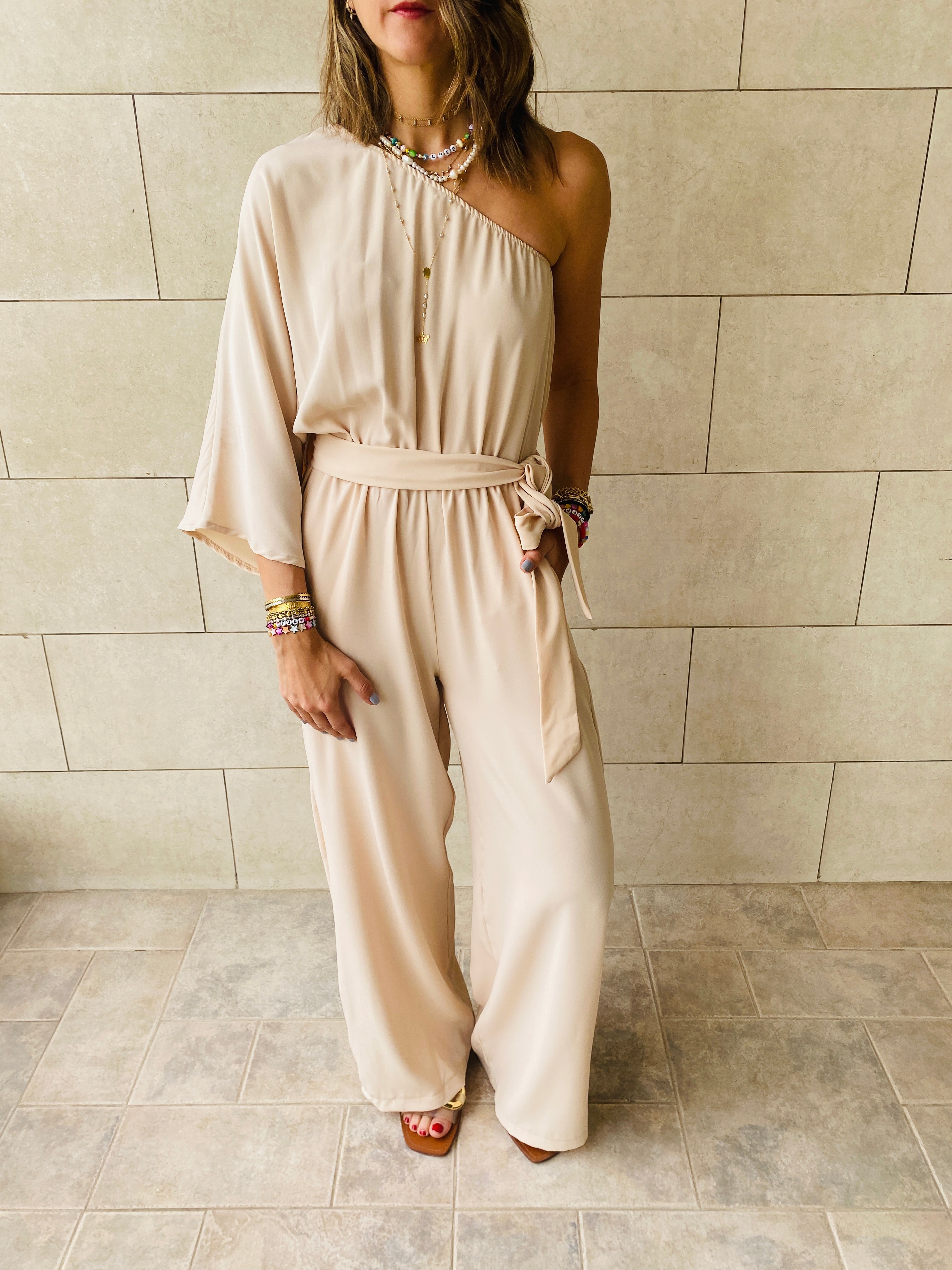 Beige One Shoulder Jumpsuit