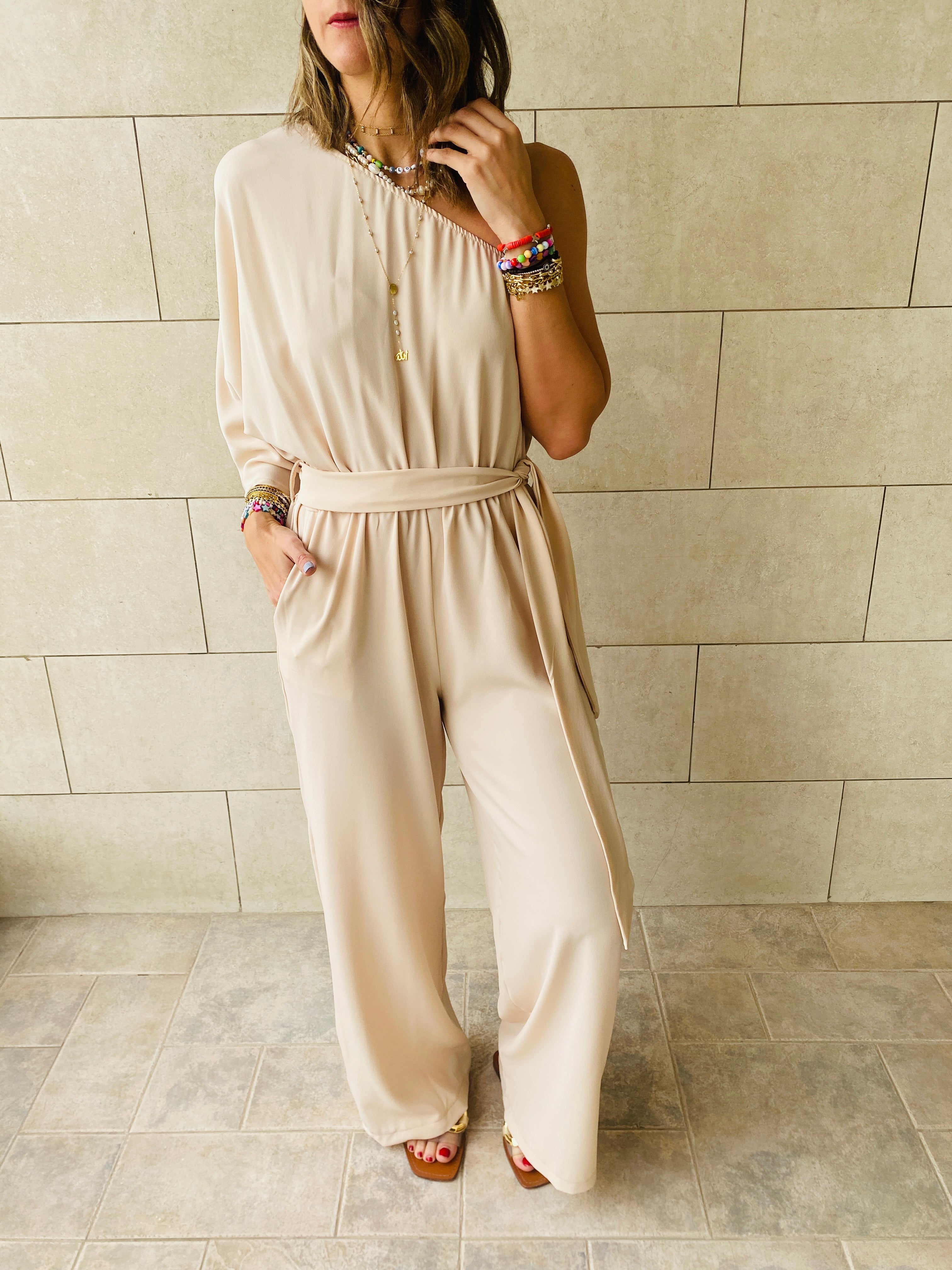 Beige One Shoulder Jumpsuit