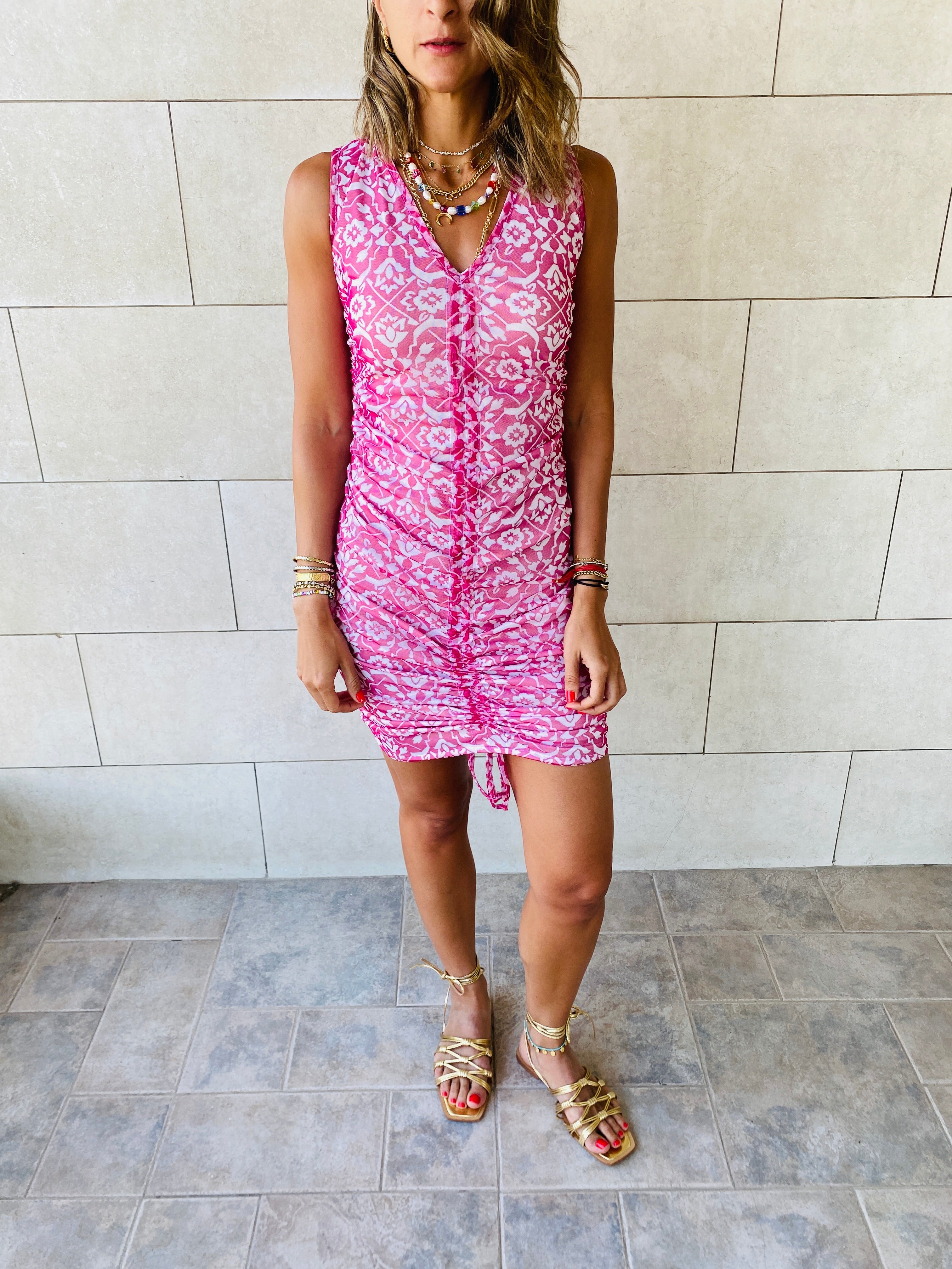 Pink Mesh Ruche Dress
