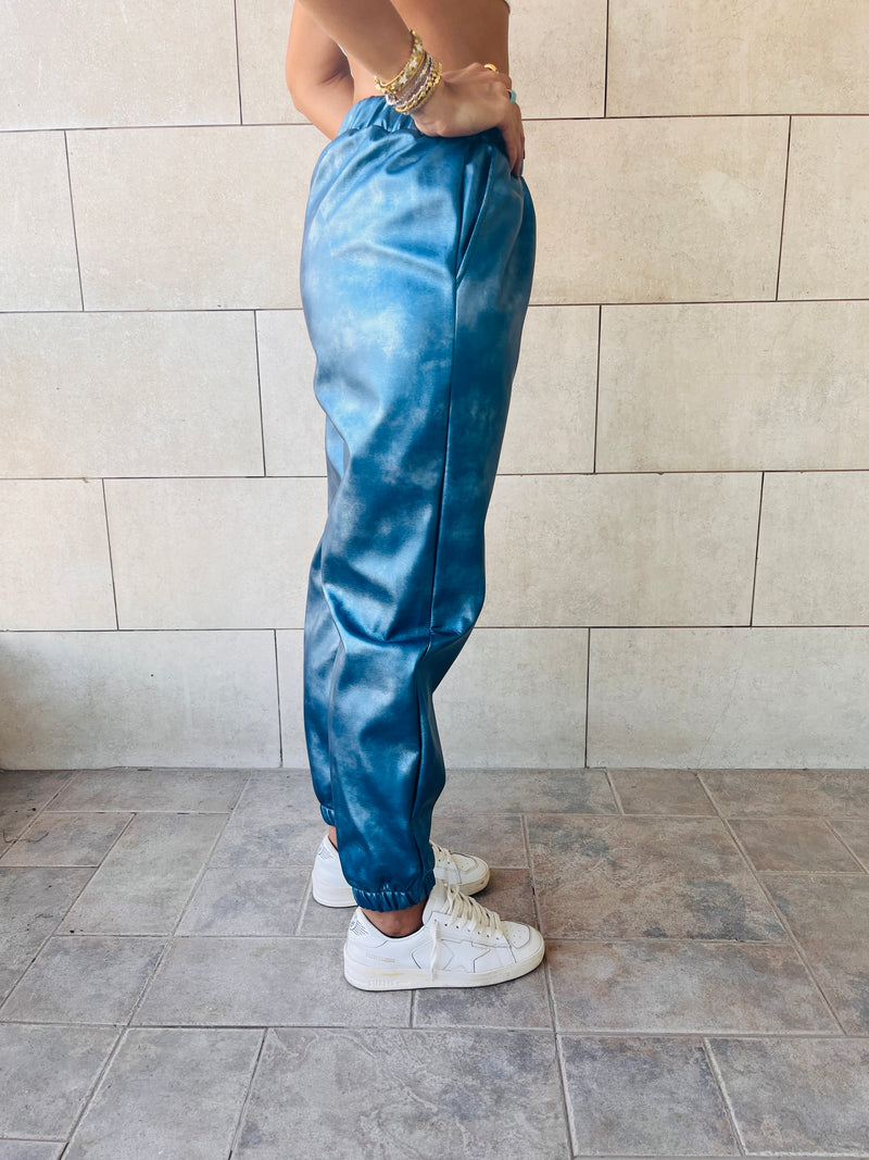 Blue Metallic Leather Jogger