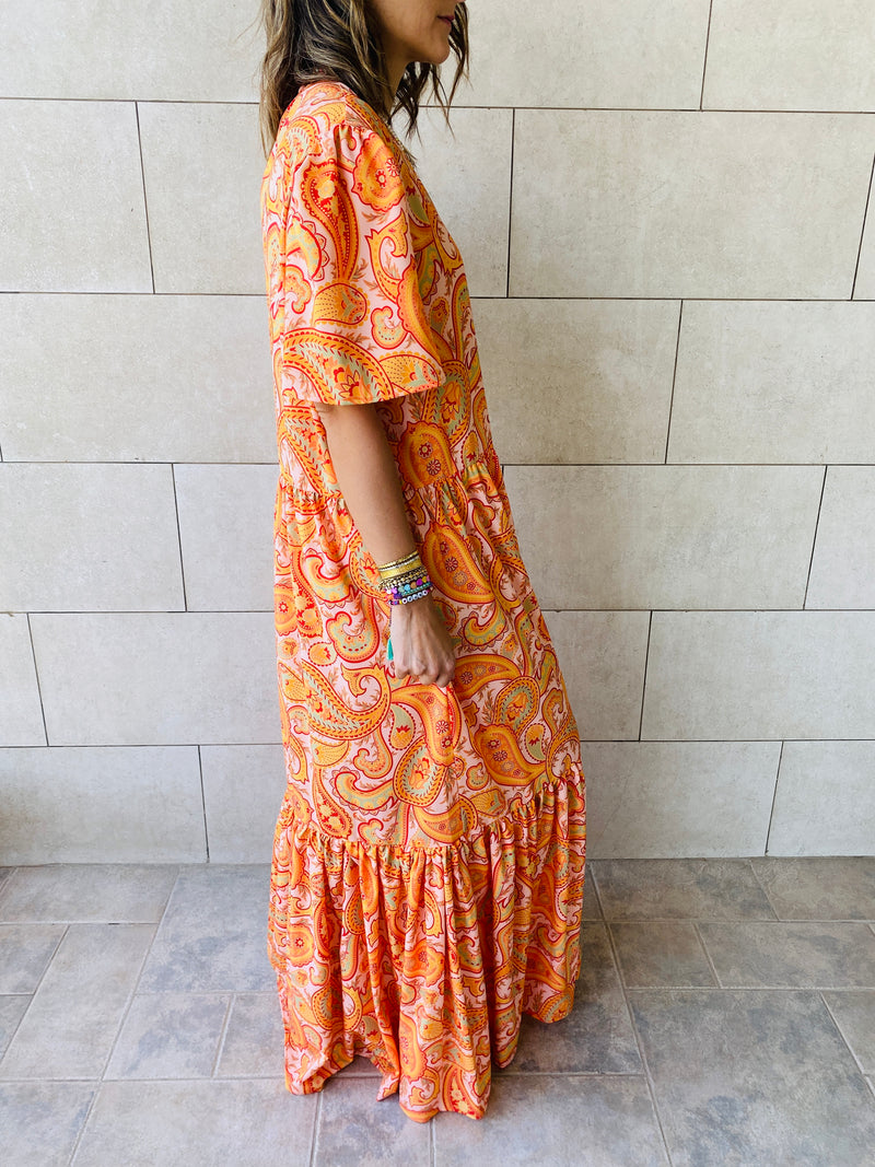 Orange Paisley Tiered Dress