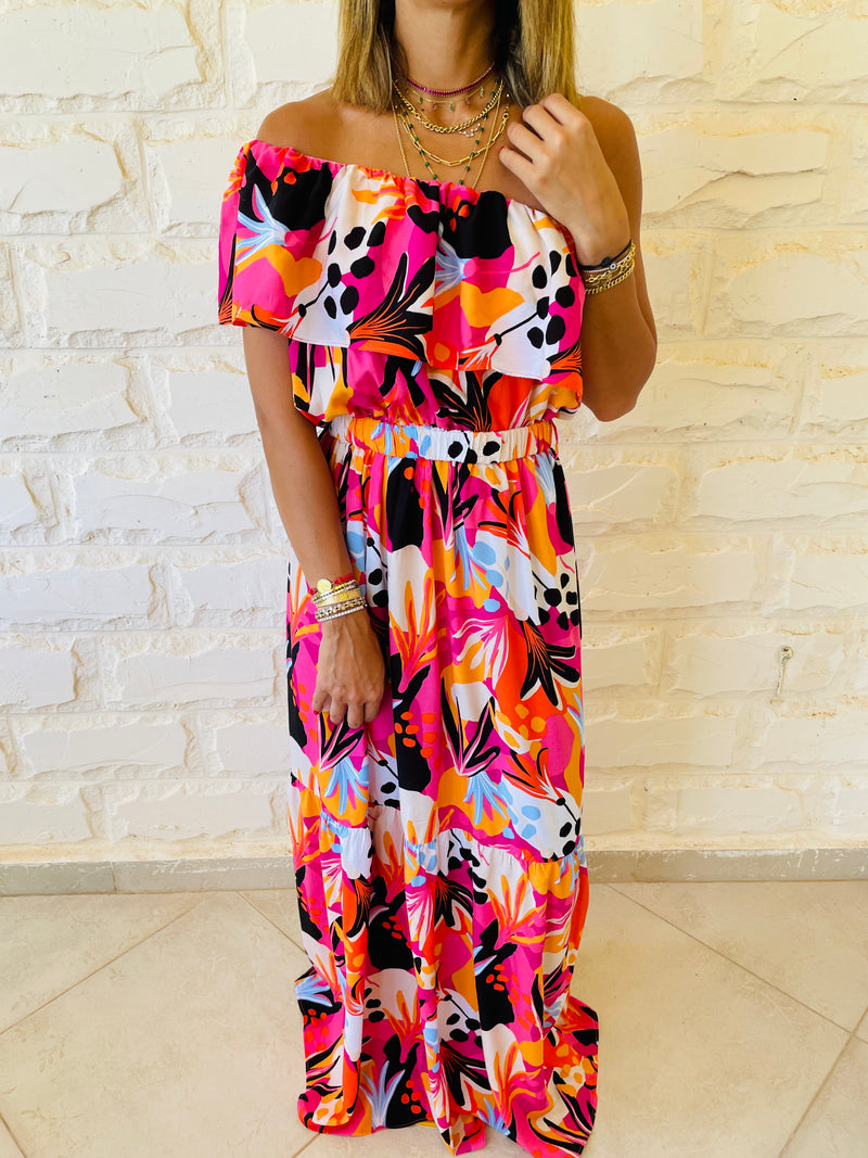 Fuchsia One Shoulder Printed Dress