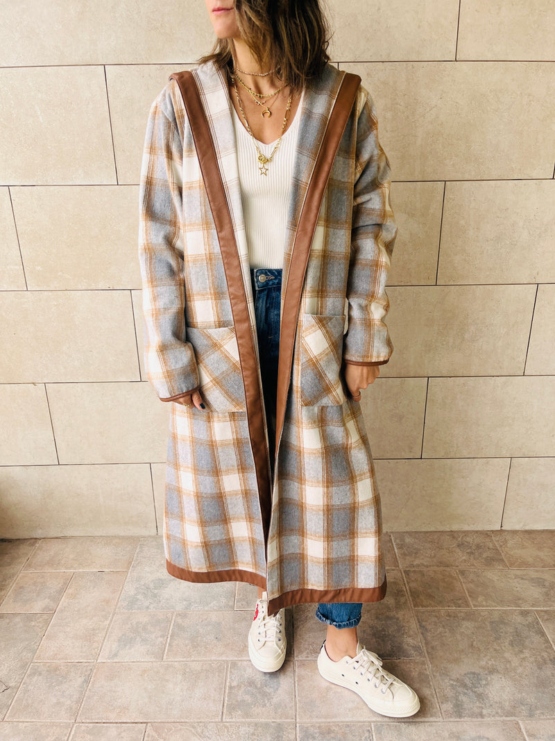 Beige Leather Trim Flannel Jacket