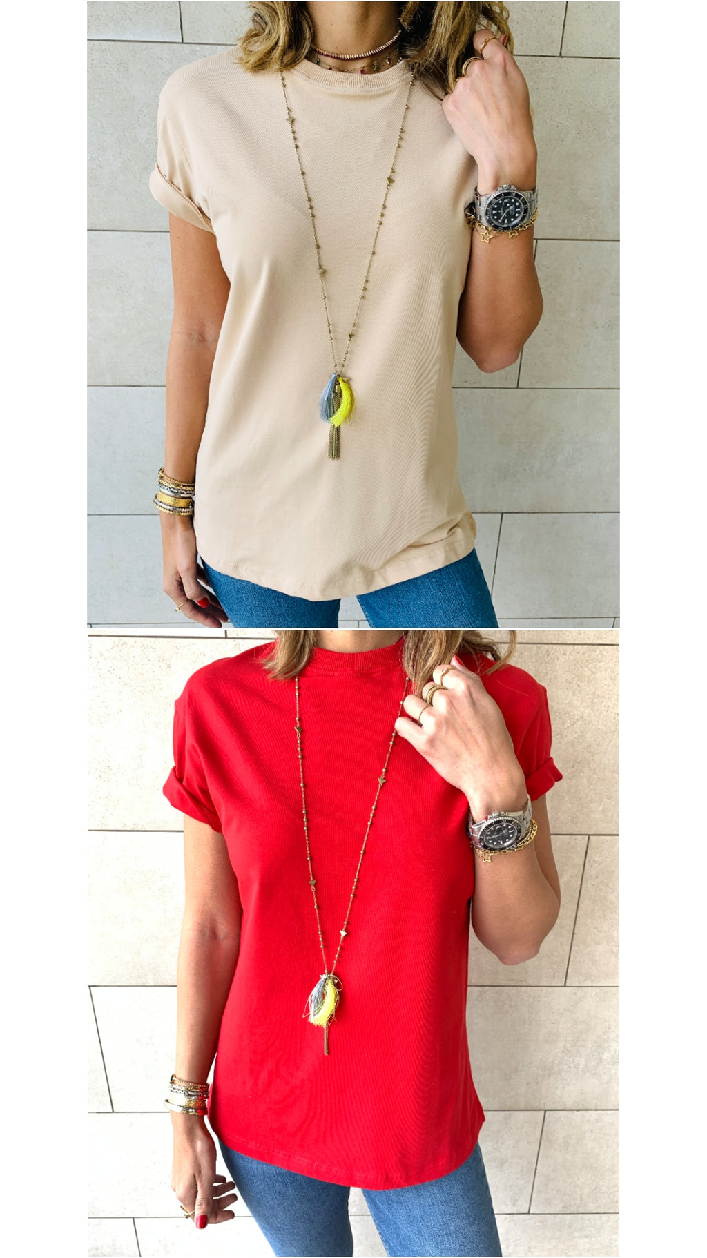 Beige & Red Crew T-Shirt Set