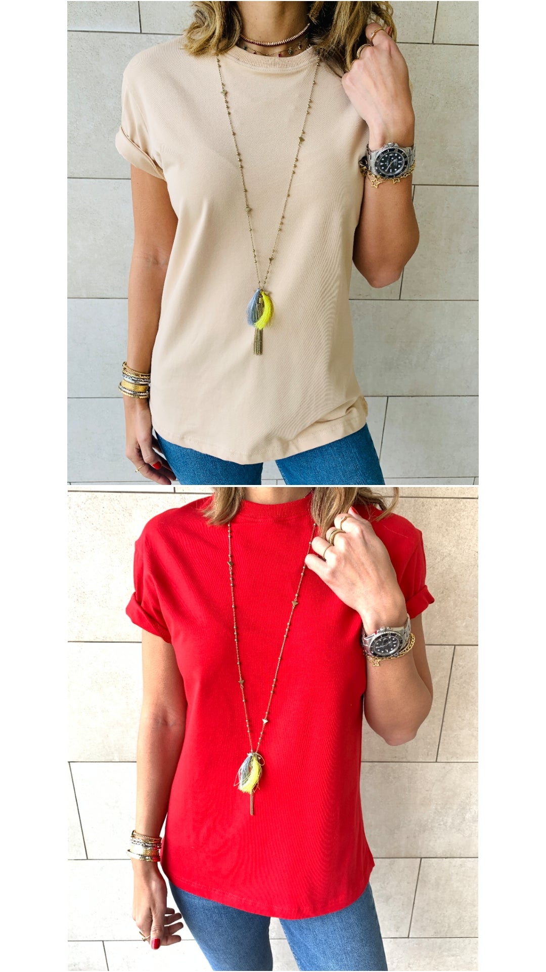 Beige & Red Crew T-Shirt Set