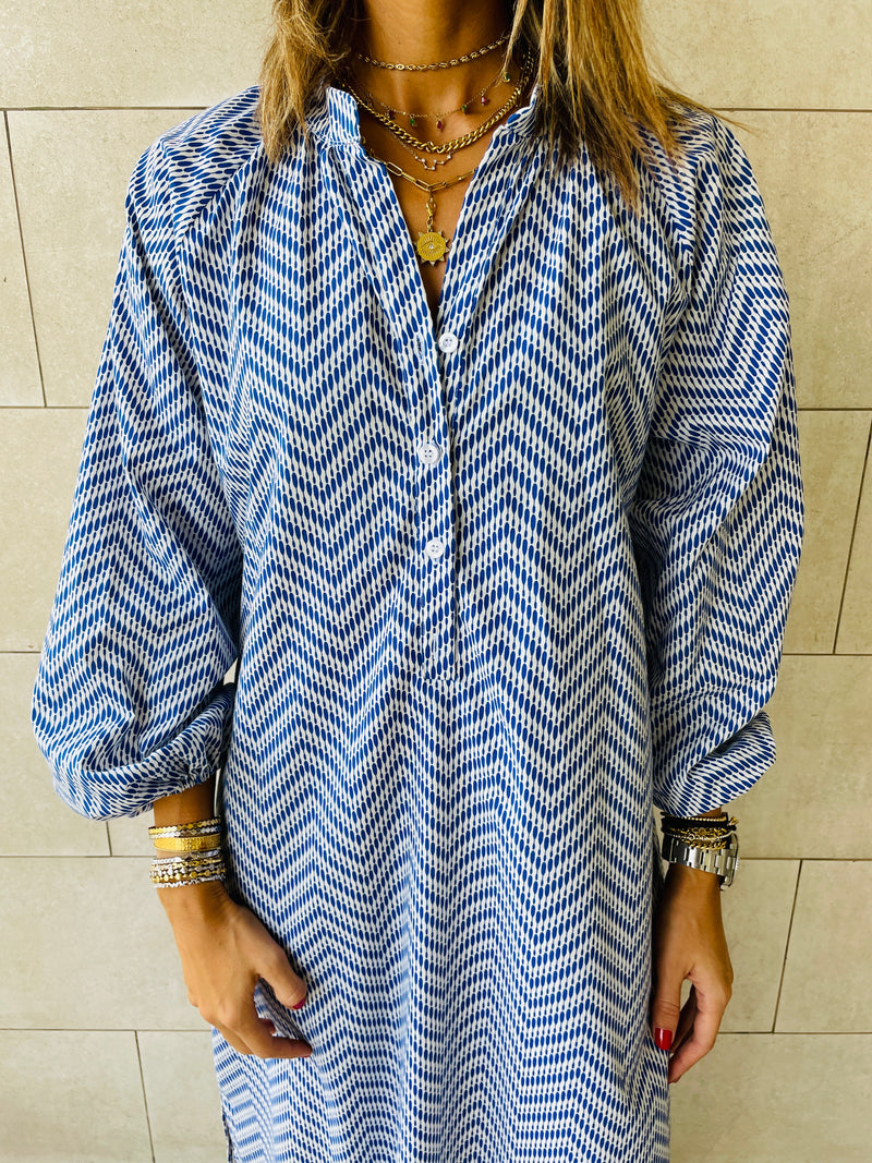 Blue Zigzag Shirt Dress