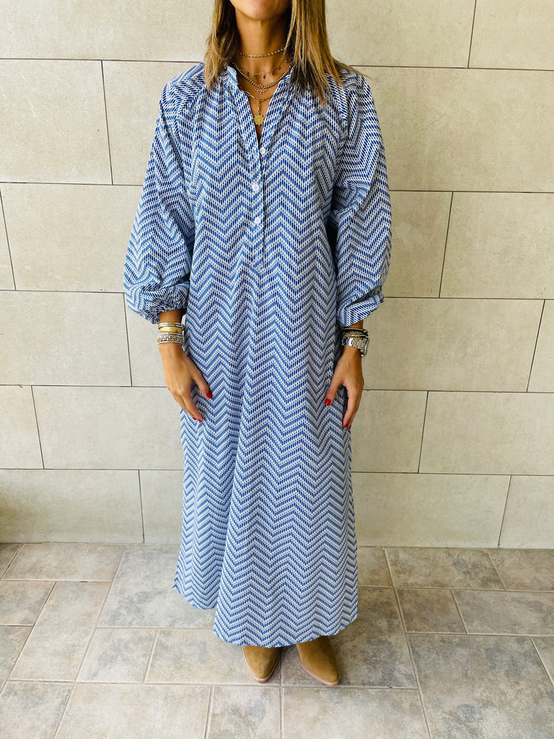 Blue Zigzag Shirt Dress