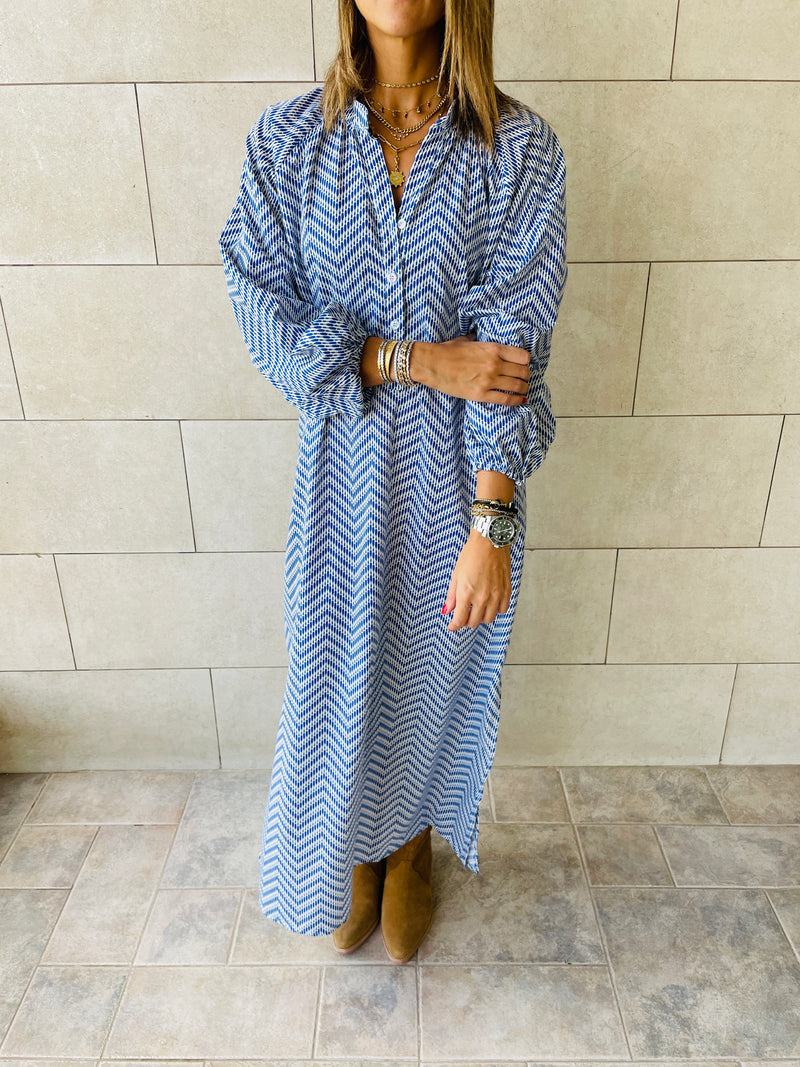 Blue Zigzag Shirt Dress