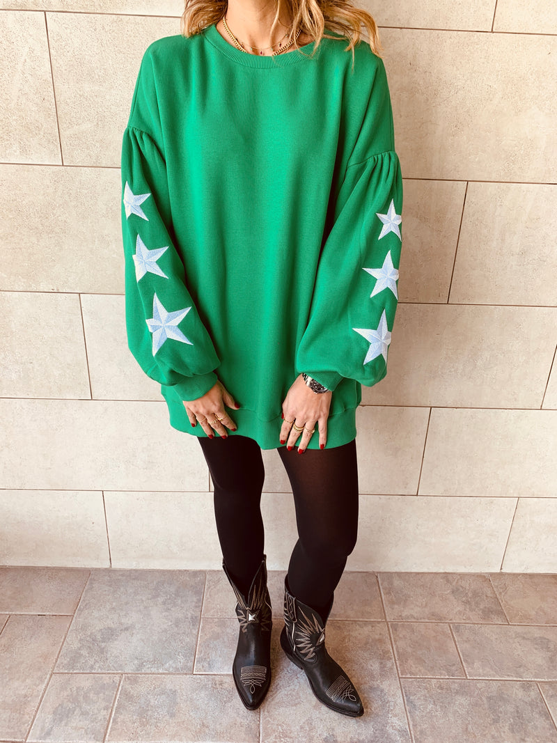 Green Star Embroidered LongLine Sweatshirt