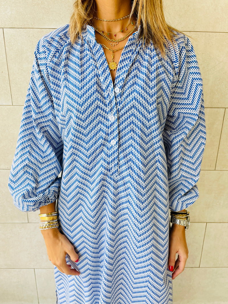 Blue Zigzag Shirt Dress